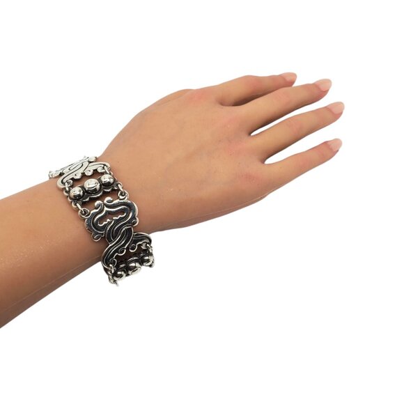 Taxco Mexico Sterling Silver Scroll Link Bracelet #22527 - Picture 10 of 12